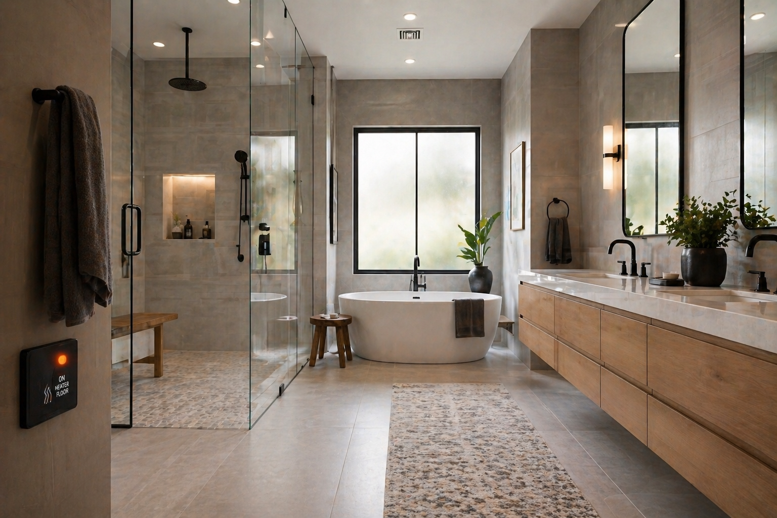 Renovated Dallas master bath with walk-in shower, freestanding tub, and floating vanity