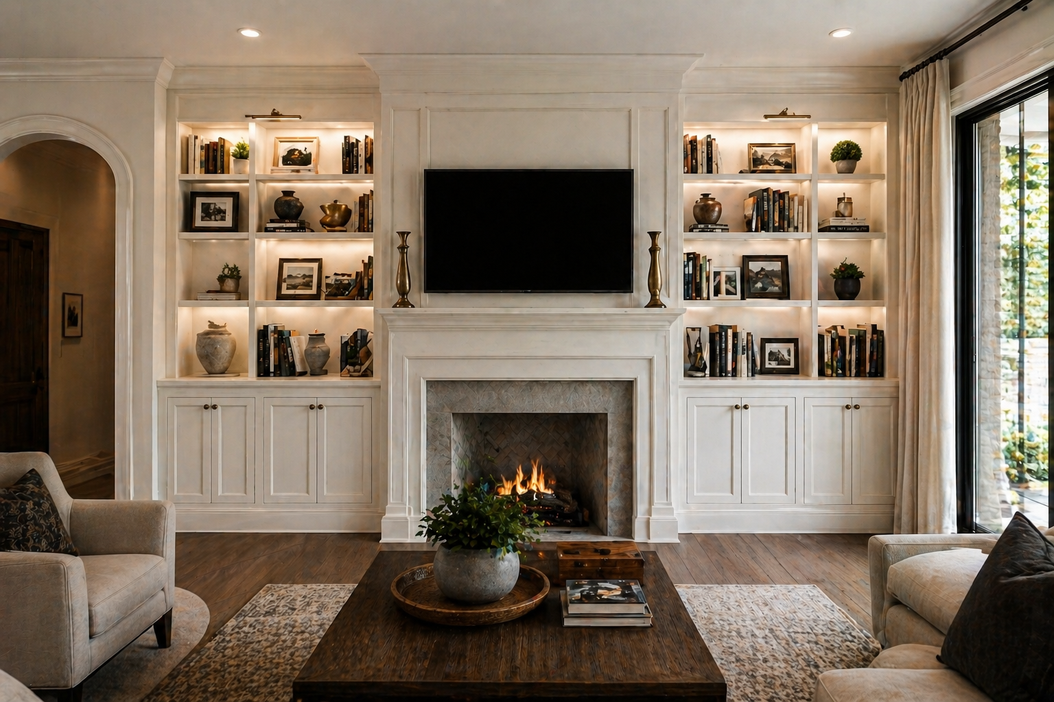 Custom built-in shelving and fireplace surround in a Dallas living room