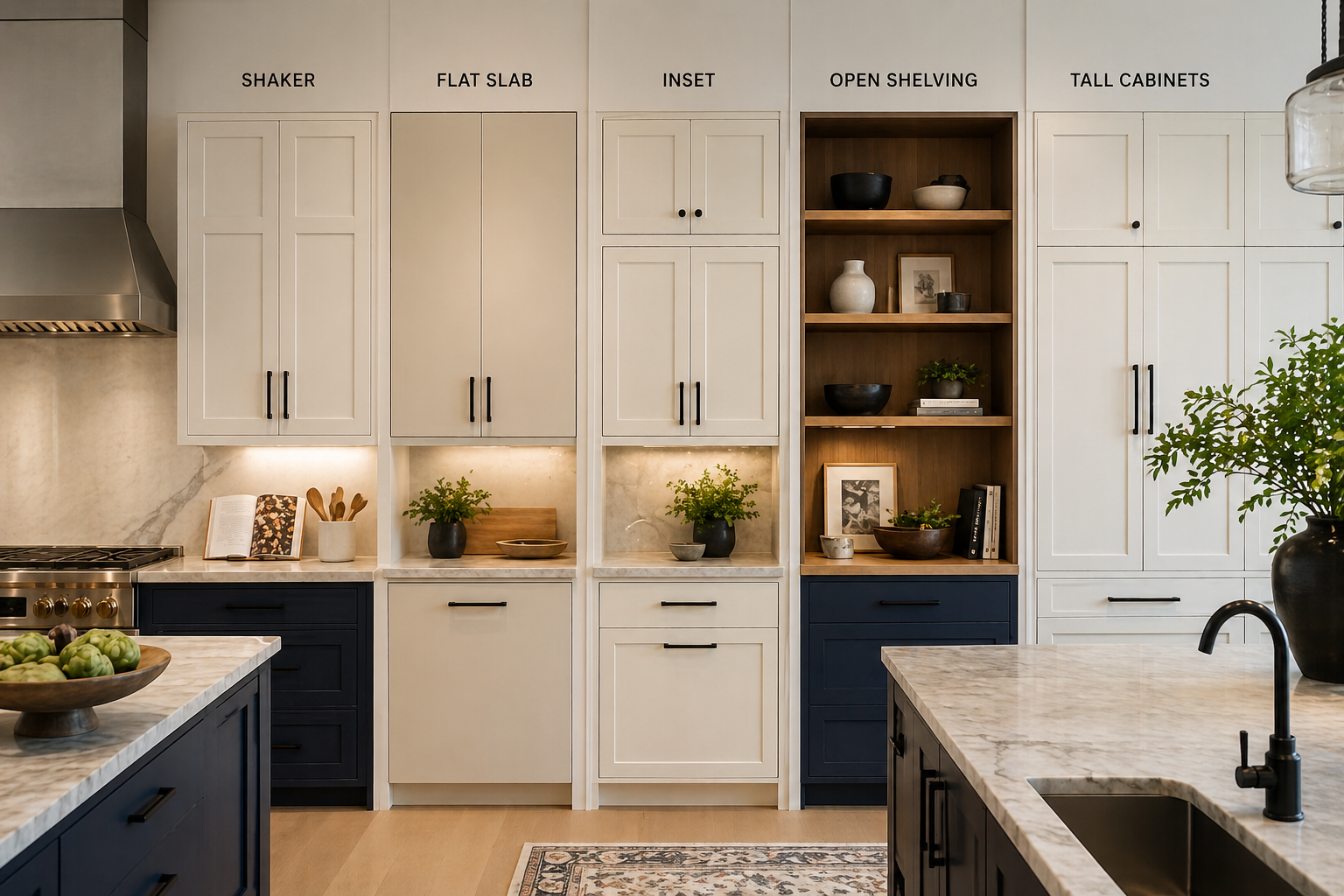 Five custom cabinet styles labeled: Shaker, Flat Slab, Inset, Open Shelving, Tall Cabinets