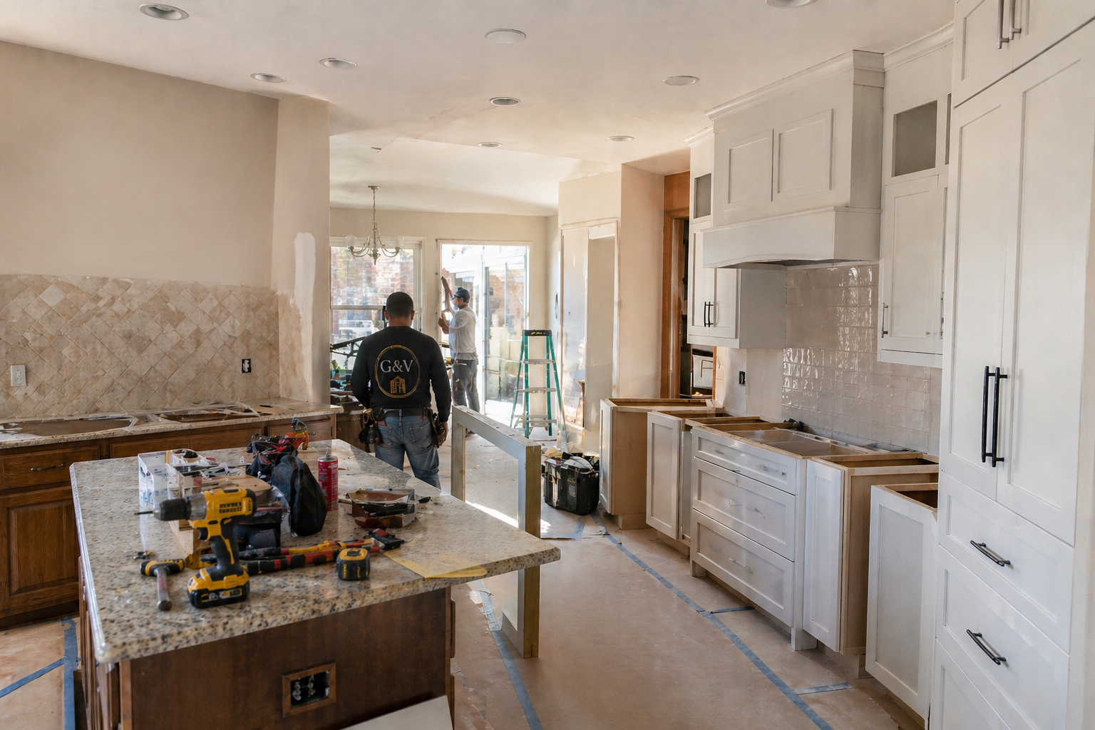 Grain & Vision crew mid-renovation in a Dallas kitchen with new cabinetry being installed
