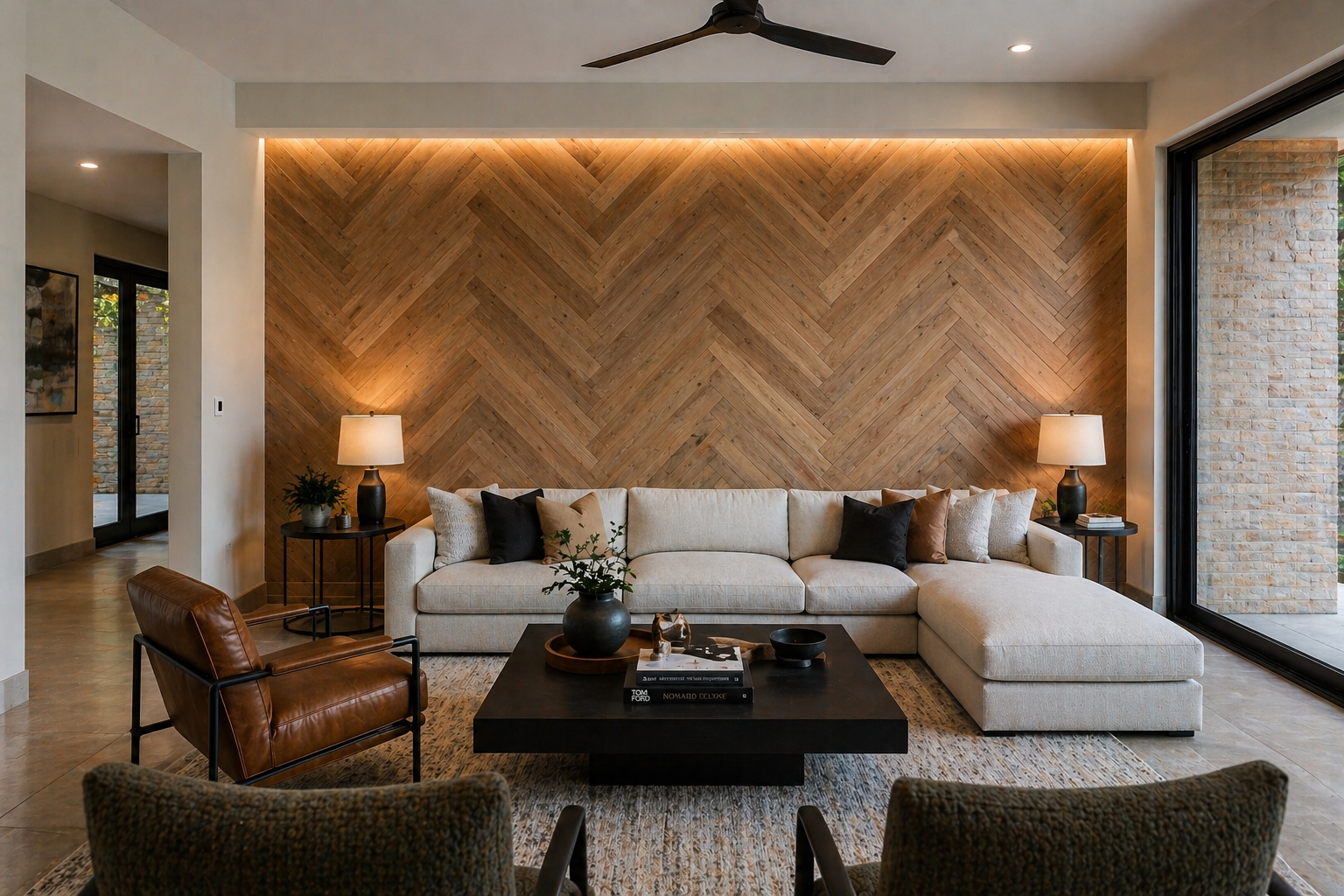 Herringbone wood accent wall in modern living room