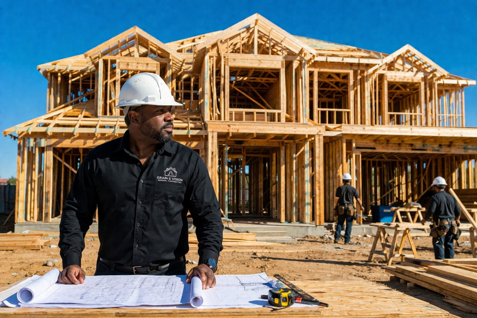Grain & Vision general contractor with blueprints in front of a framed home build