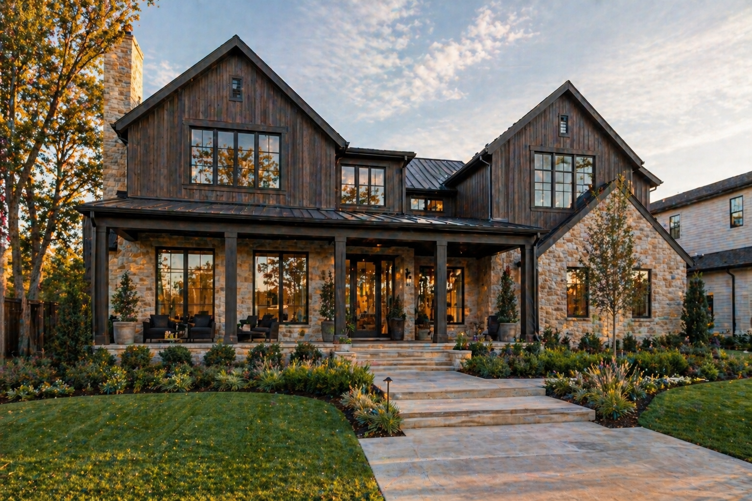 Custom new construction home with stone and wood exterior